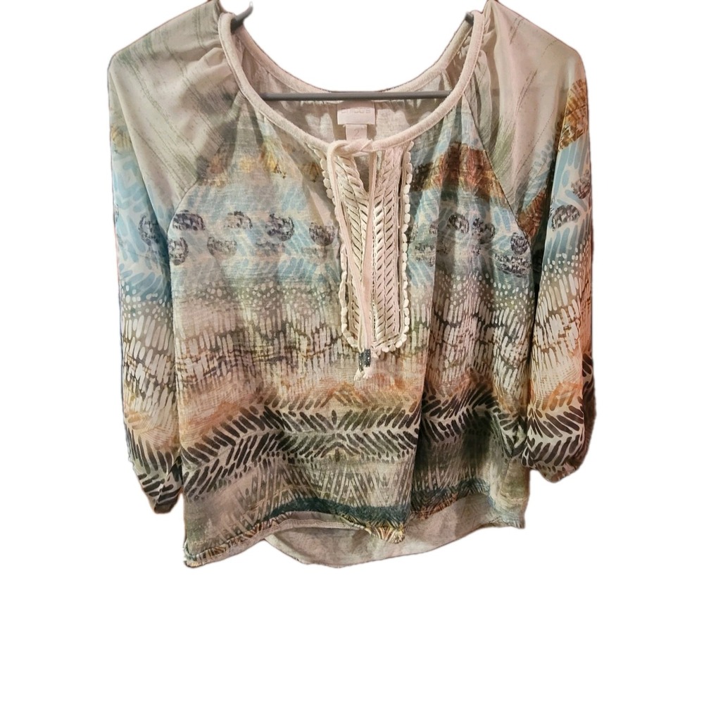 Chico's Embellished Neckline Women's Blouse 3/4 sleeves Size 2P Beaded Boho